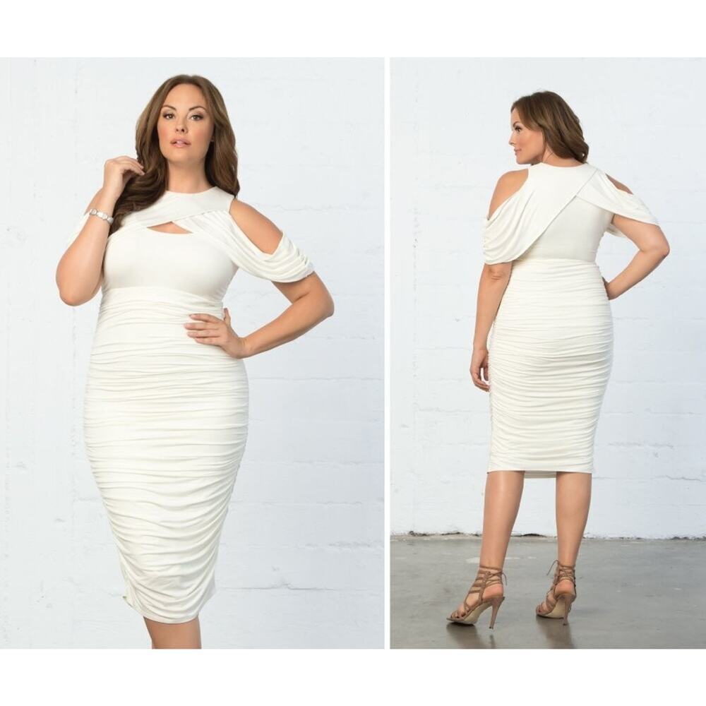 Kiyonna Dress White Ruched Melissa Style 2X Sexy Cold Shoulder Party Wedding - Picture 11 of 11